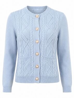 Paramour Pearl-Button Light Blue Cable Knit Soft Cardigan With Pockets Size L